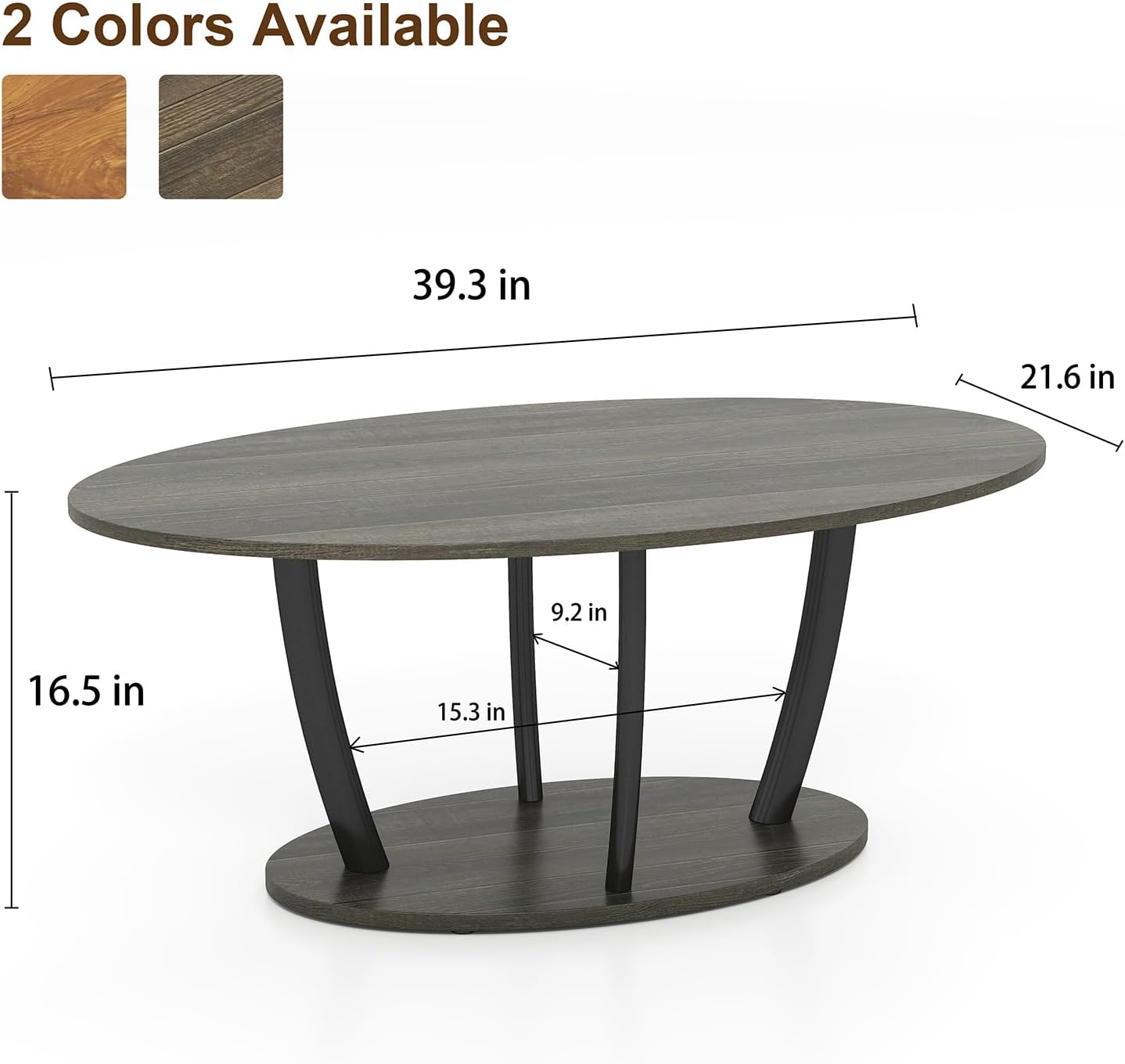 Manora Small Oval Coffee Table with Storage, Rustic Farmhouse Industrial Center Table for Living