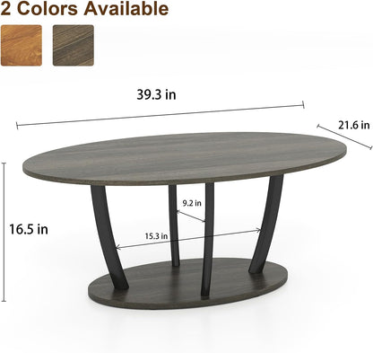Manora Small Oval Coffee Table with Storage, Rustic Farmhouse Industrial Center Table for Living
