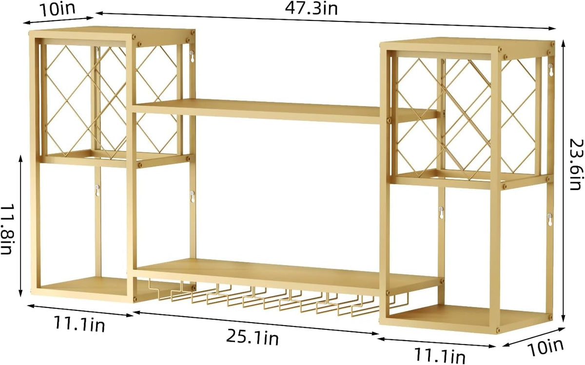 Wall Mounted Wine Rack with Glass Holder,Metal Floating Bar Liquor Shelves 2 Tier,Wine Glass Rack