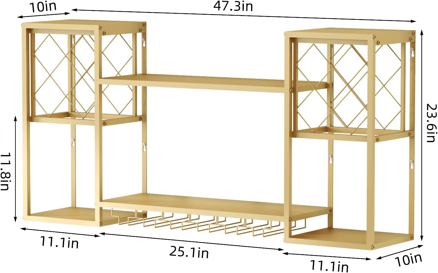 Wall Mounted Wine Rack with Glass Holder,Metal Floating Bar Liquor Shelves 2 Tier,Wine Glass Rack