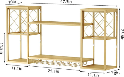 Wall Mounted Wine Rack with Glass Holder,Metal Floating Bar Liquor Shelves 2 Tier,Wine Glass Rack