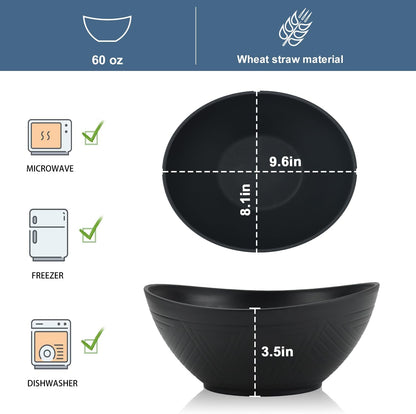 65oz Large Salad Bowls Black - Wheat Straw Salad bowls Set of 4 - Unbreakable Salad Bowls Dishware