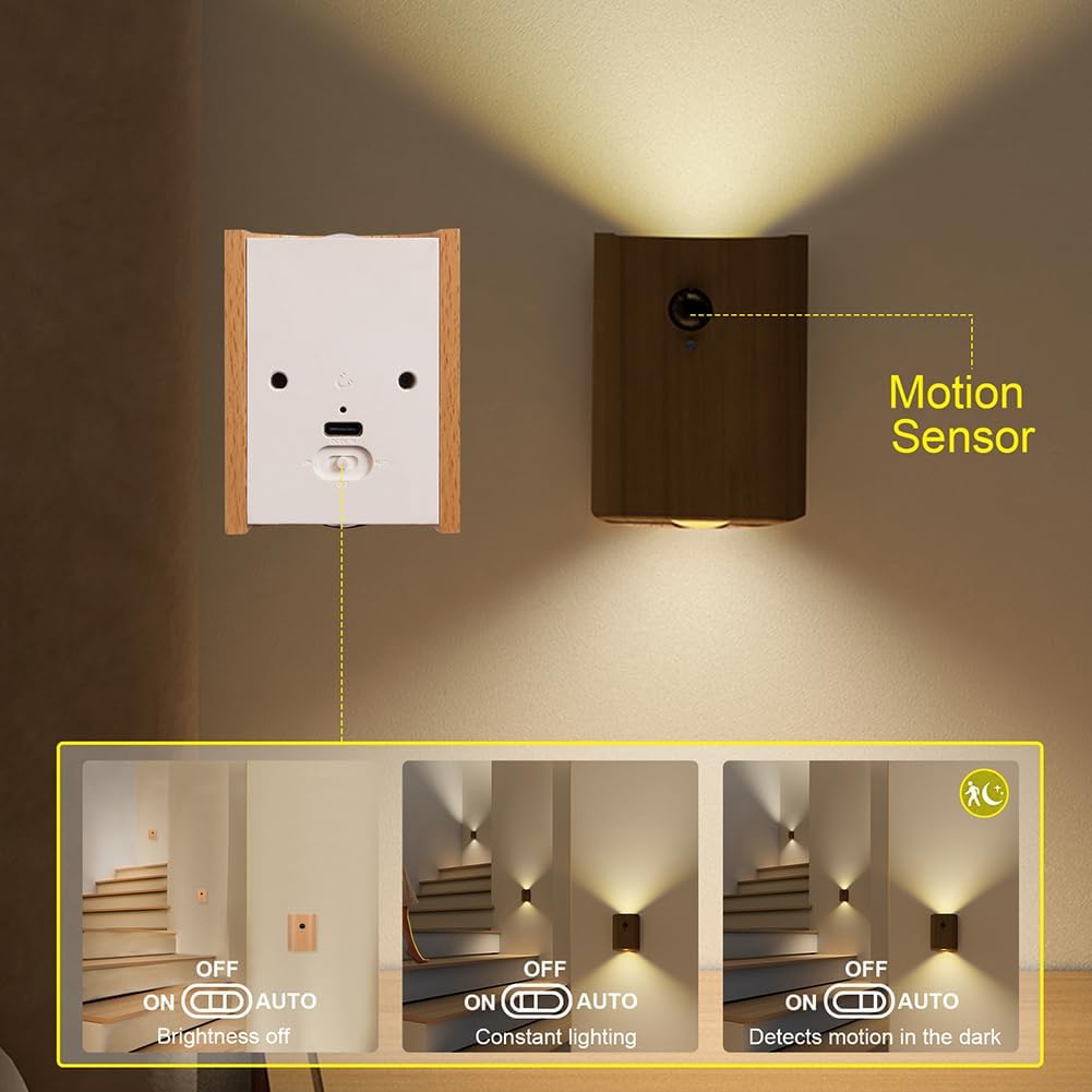 LANDGOO Wooden LED Step Lights Wall Lamp, 2700-3000K Motion Sensor Night Lights, Rechargeable Stair