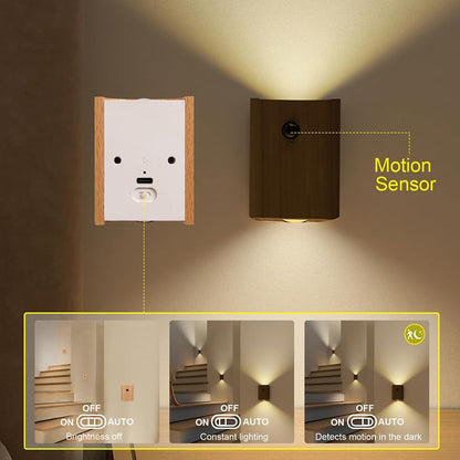 LANDGOO Wooden LED Step Lights Wall Lamp, 2700-3000K Motion Sensor Night Lights, Rechargeable Stair