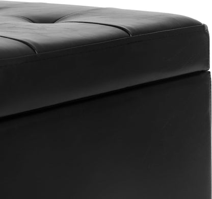 Adeco Faux Leather Storage Ottoman Bench with Solid Wood Legs, 17.7" Square Black PU Cube Foot