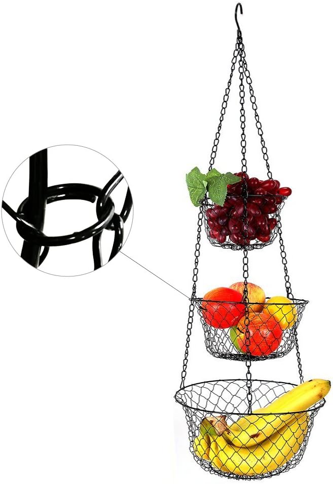 malmo 3-Tier Wire Fruit Hanging Basket, Vegetable Kitchen Storage Basket, Iron Wire Black