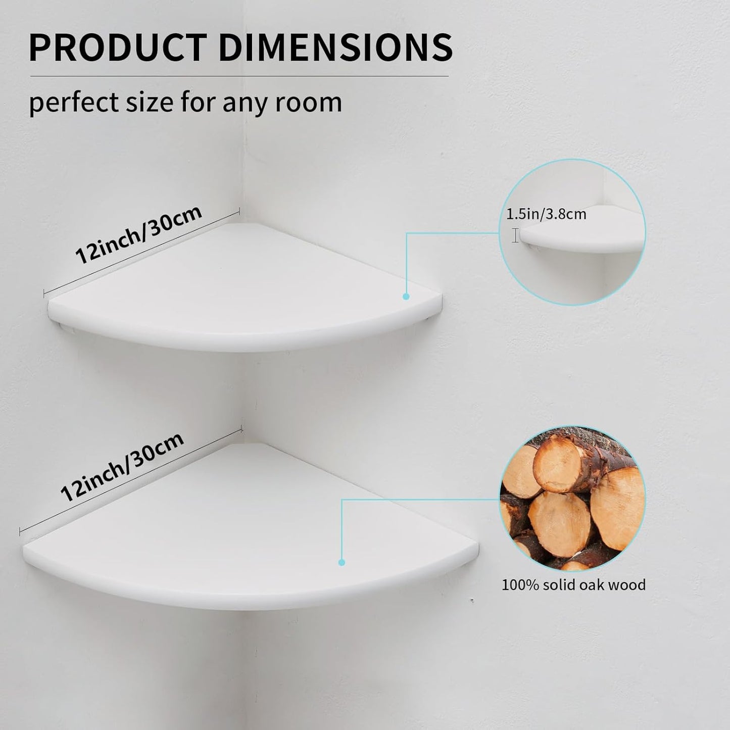 Corner Shelves, White Floating Corner Shelf, Set of 2 12inch Solid Oak Wood Wall Shelves, Round End