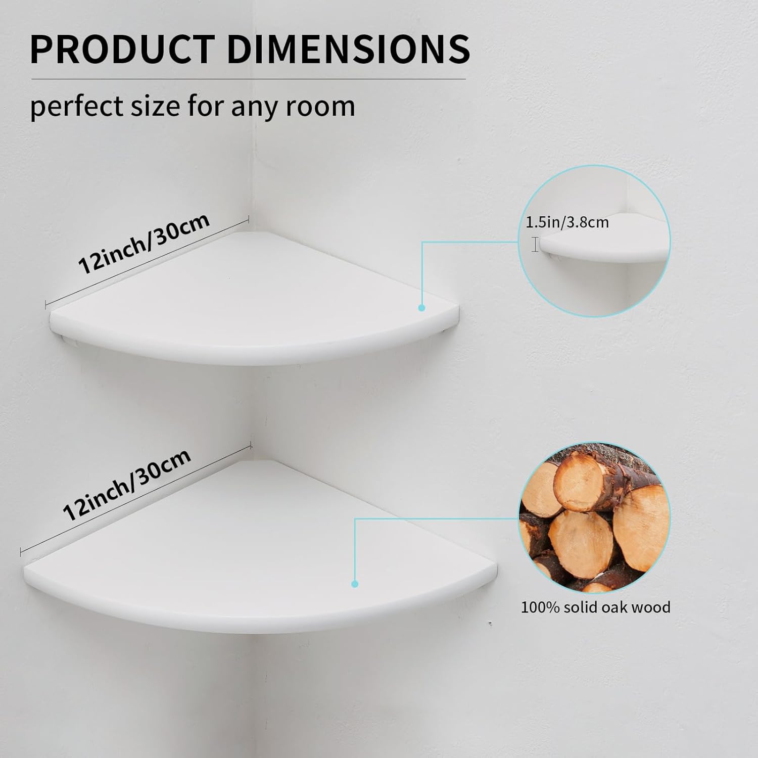 Corner Shelves, White Floating Corner Shelf, Set of 2 12inch Solid Oak Wood Wall Shelves, Round End