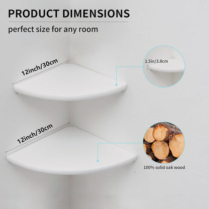 Corner Shelves, White Floating Corner Shelf, Set of 2 12inch Solid Oak Wood Wall Shelves, Round End