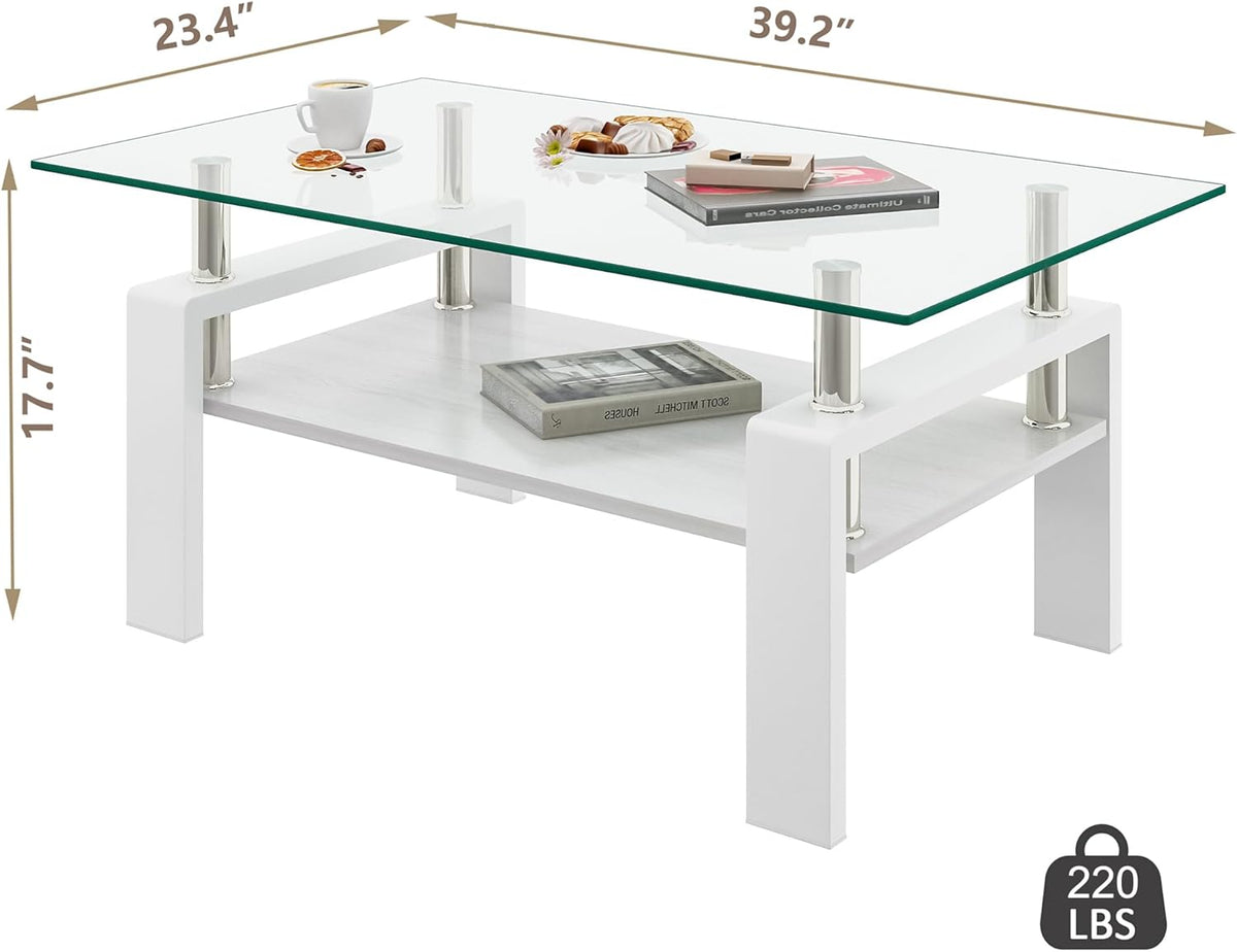 Glass Coffee Table Rectangle Living Room Center Table, with Transparent Tempered Glass Tabletop and