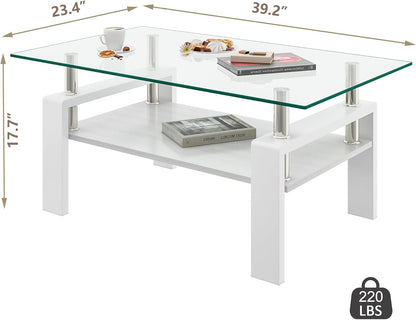 Glass Coffee Table Rectangle Living Room Center Table, with Transparent Tempered Glass Tabletop and