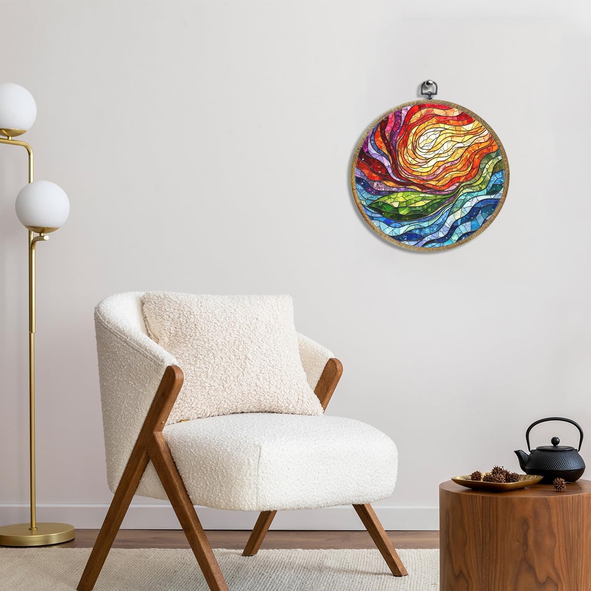 Colorful Boho Rainbow Geometric Spiral Sun Art Gift Framed Round Wall Decor Canvas Wall Art Hanging