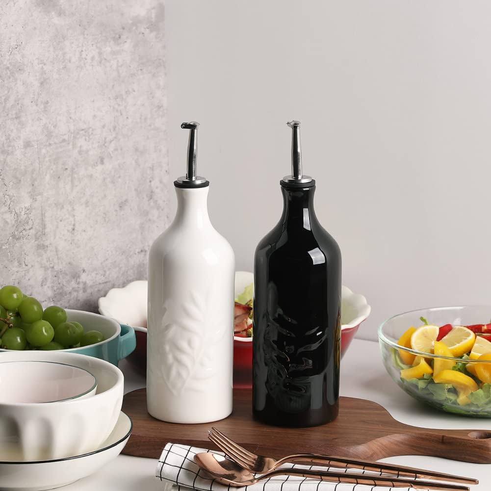 Sweejar Ceramic Olive Oil Dispenser Bottle, 20 Oz Relief Opaque Oil Cruet Protects Oil To Reduce