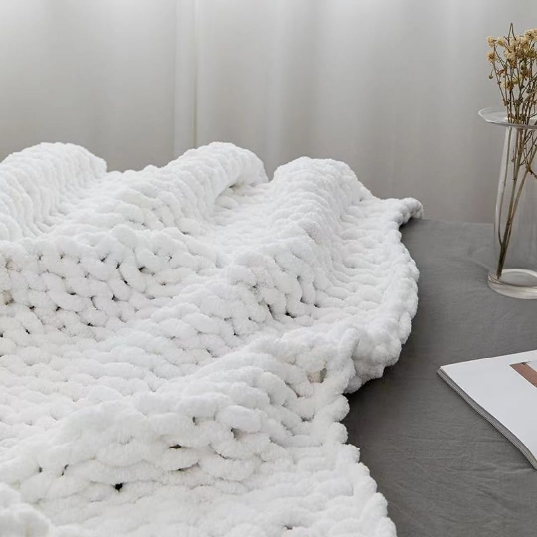 Chunky Knit Blanket Throw 40"×40", Hand Knitted Warm Chenille Throw Blanket, Home Decor Soft Thick