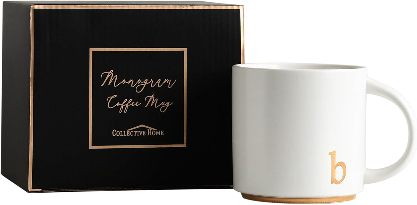 COLLECTIVE HOME - Monogram Ceramic Mugs, 15 oz Golden Initial Coffee Cups, Elegant Alphabet Tea