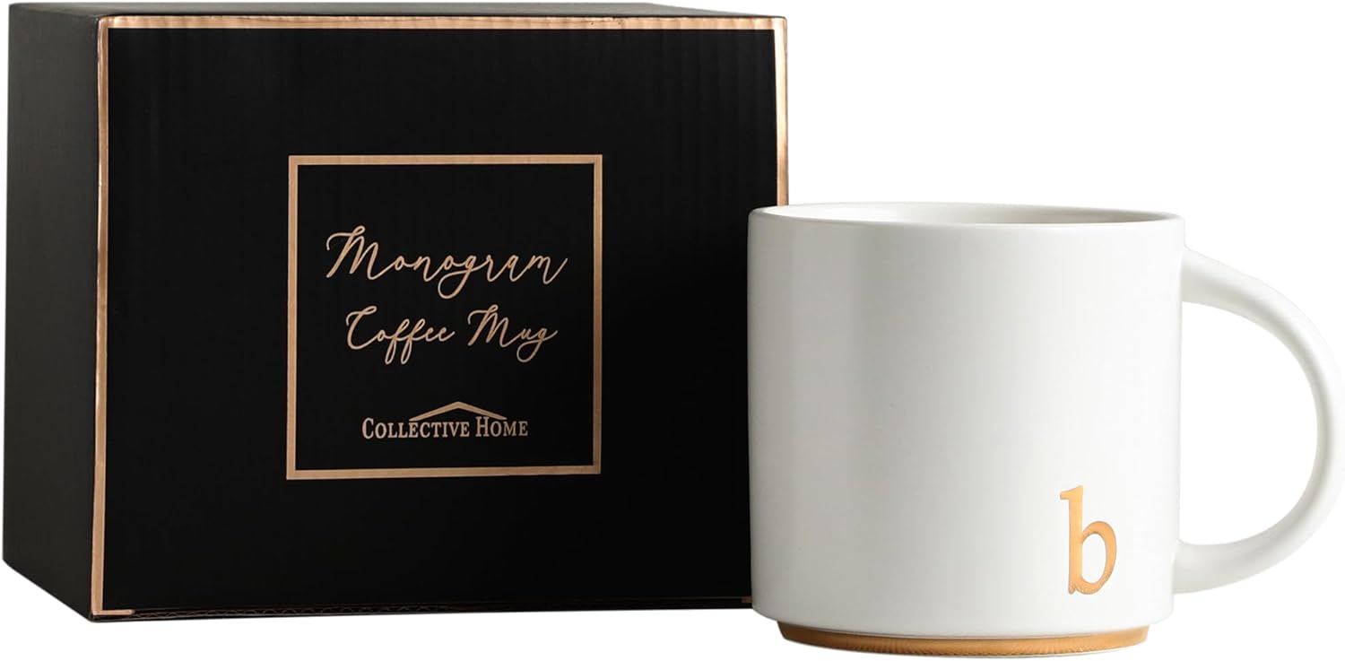 COLLECTIVE HOME - Monogram Ceramic Mugs, 15 oz Golden Initial Coffee Cups, Elegant Alphabet Tea