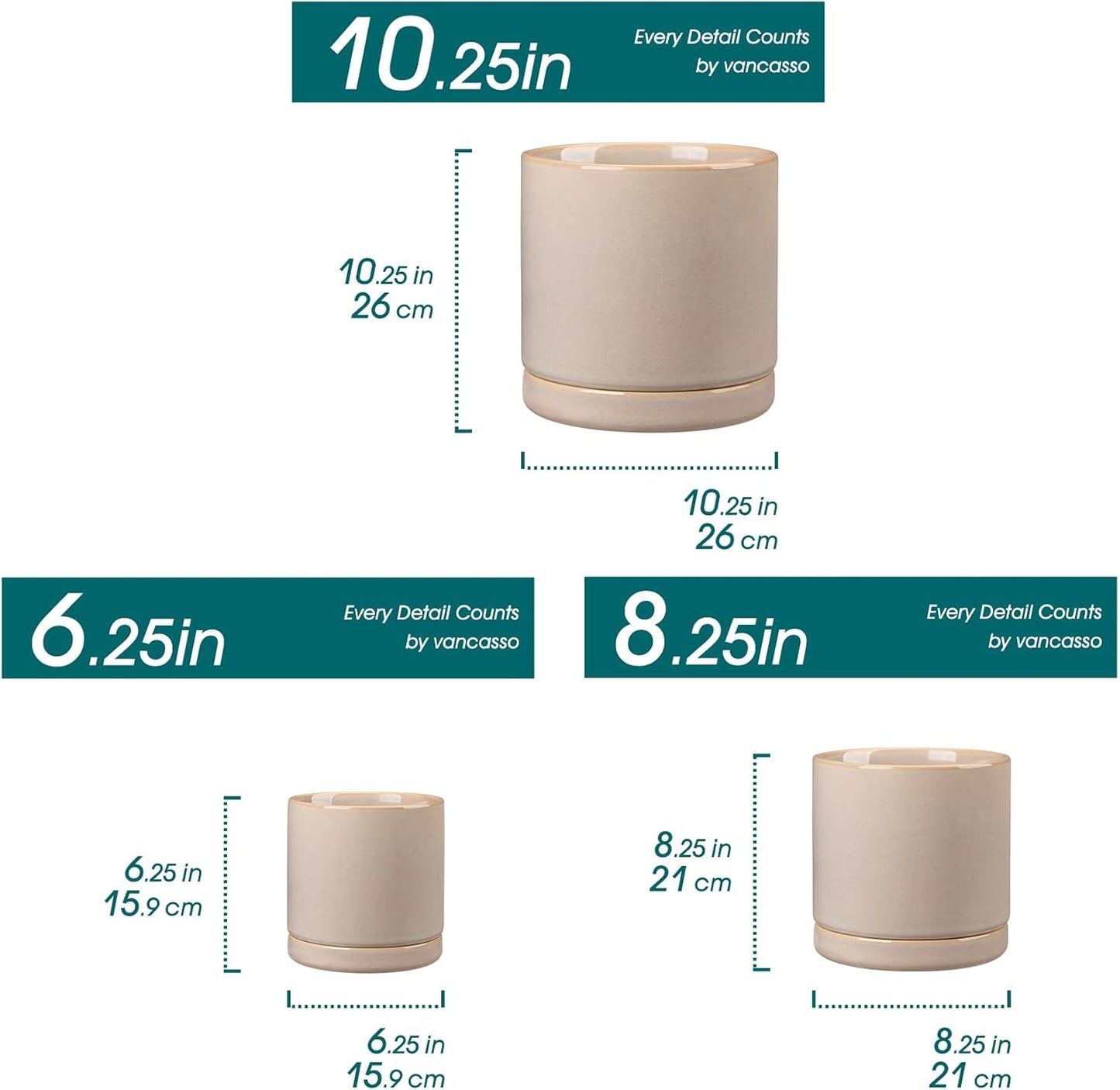 vancasso Ceramic Planters, Plant Pots for Indoor Plants, 6.25+8.25+10.25 Inch Ceramic Pots for