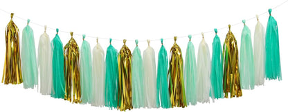 Teal-Blue Mint Beige-Gold Party-Decorations Tassel-Garland -20pcs Rustic Wedding Tassels Banner