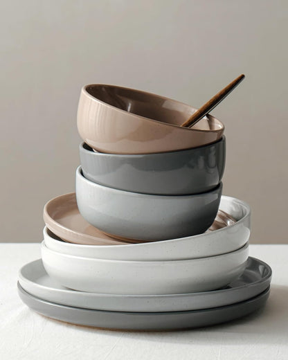 Famiware Milkyway Stoneware Dinnerware Sets with Pasta Bowls, Service for 4 (16 Pieces), Plates and