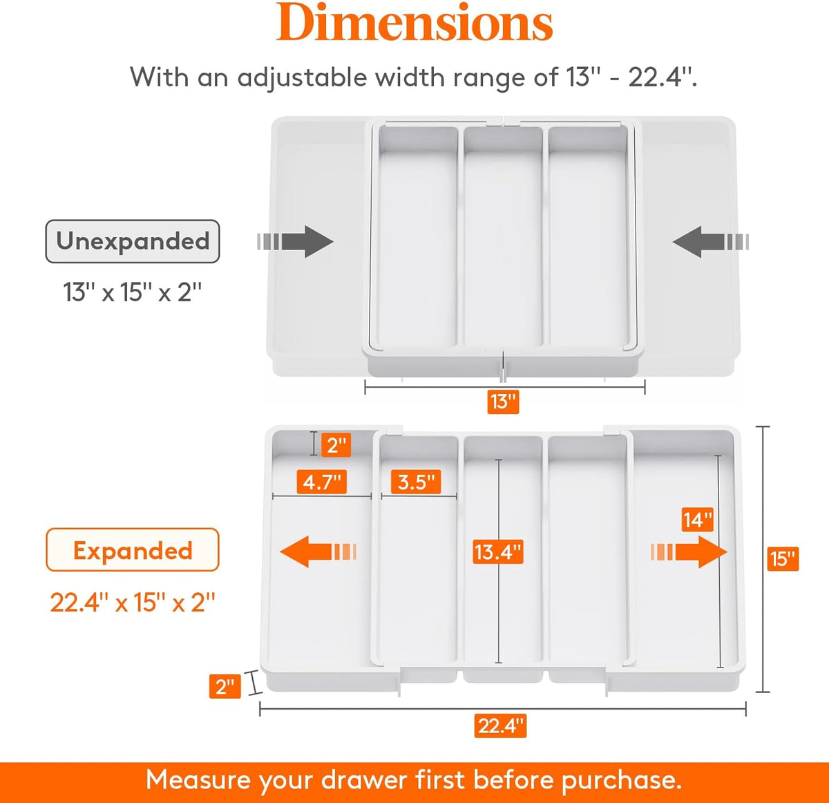 Lifewit Utensil Organizer for Kitchen Drawers, Expandable from 13‘’ to 22.4'', 15'' Depth, Plastic