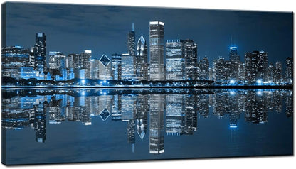 LevvArts Modern City Wall Art Chicago Downtown at Night Picture Print on Canvas Building Artwork