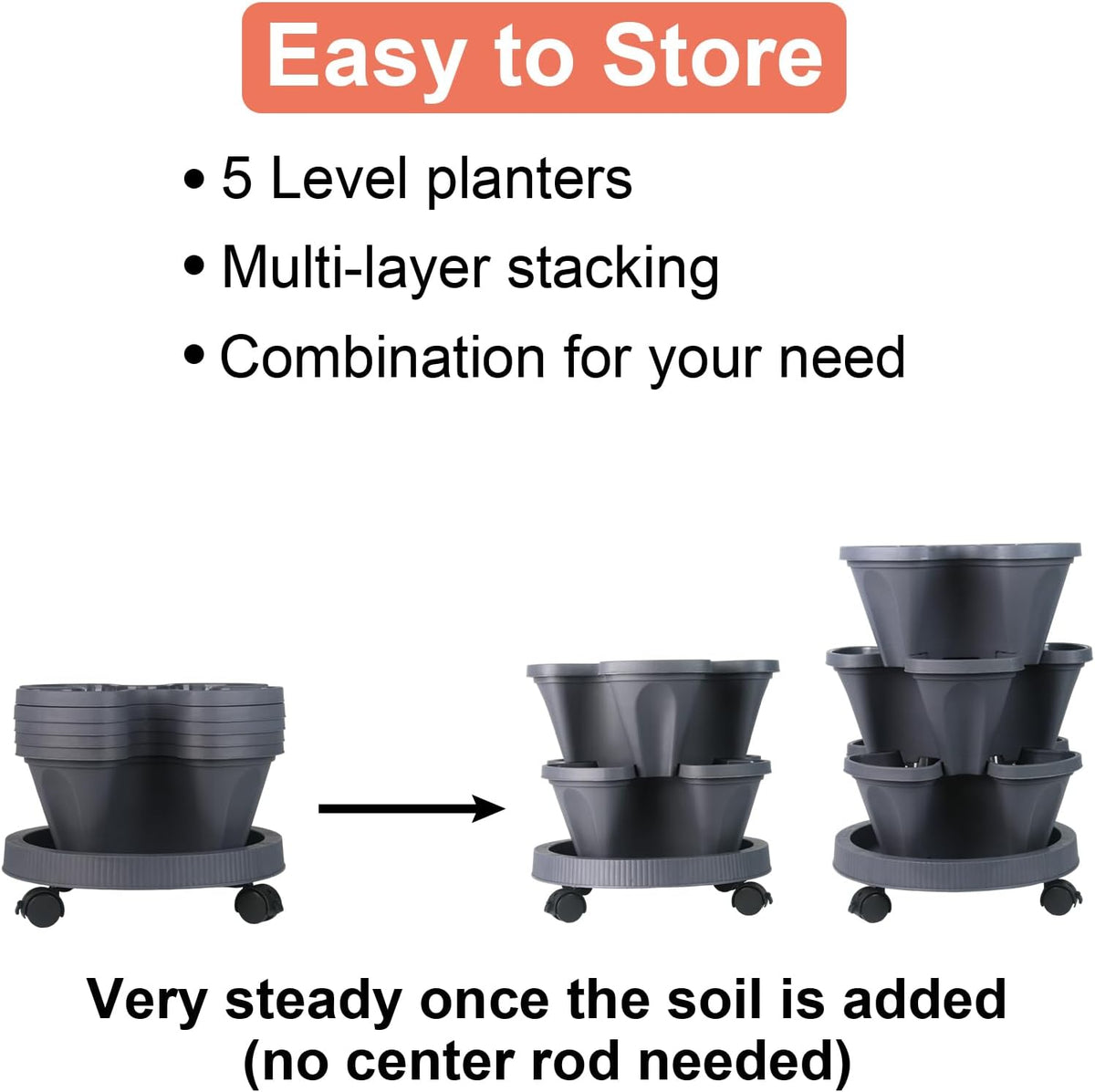 DUNCHATY Stackable Planter, Vertical Garden Planter with Wheels and Tools, Self Watering Strawberry