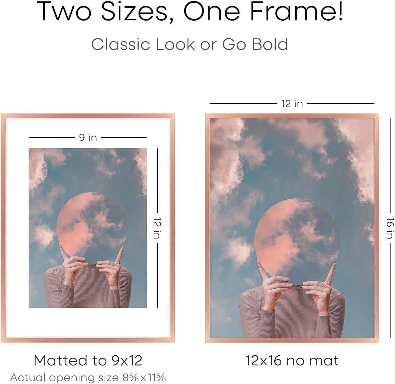 Homeforia 12x16 Rose Gold Picture Frame, High End Metal 12x16 Poster Frames with Mat 9x12 Photo, 12