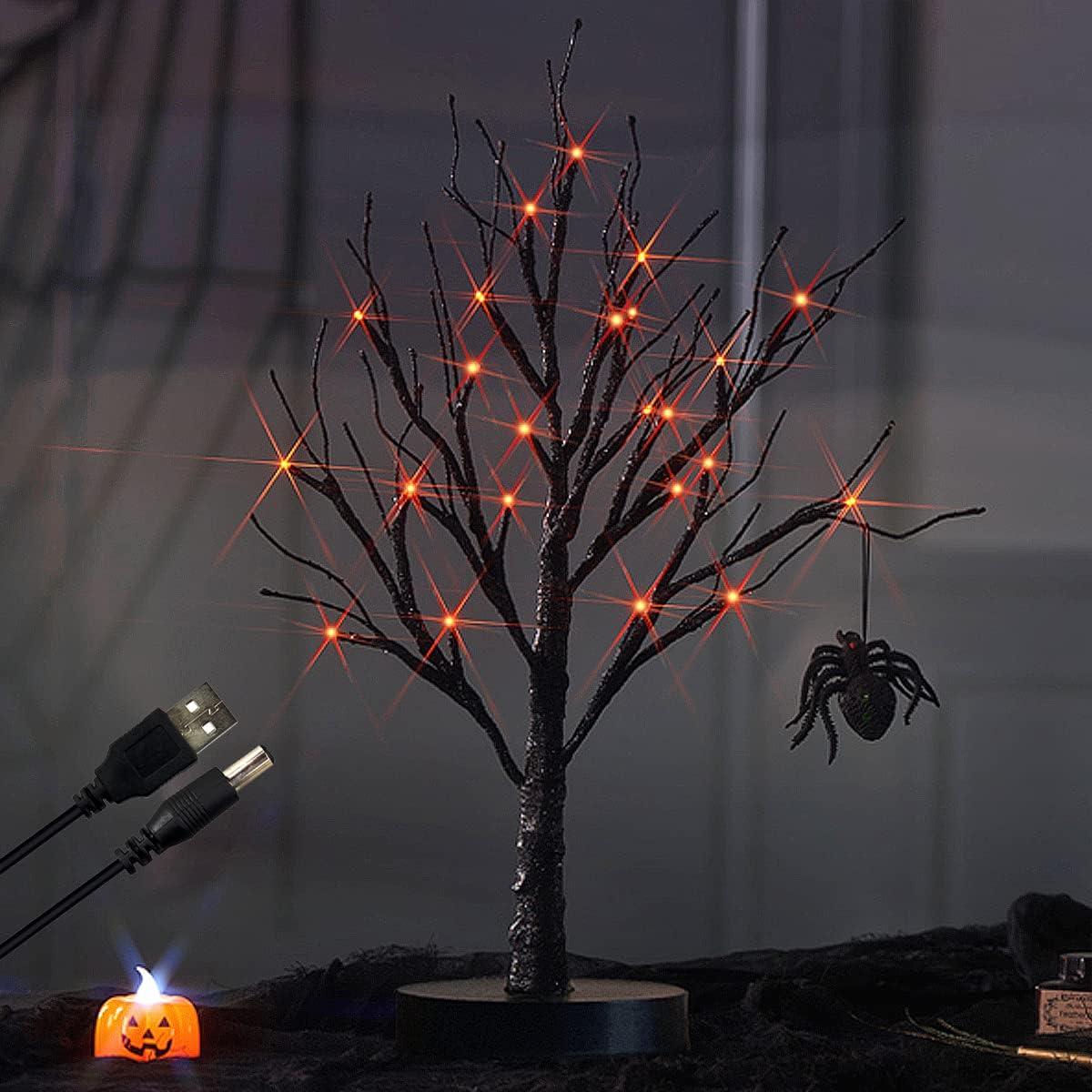Fudios Black Halloween Tree with Lights 24 LED Orange with Timer, Lighted Tabletop Glittered Spooky