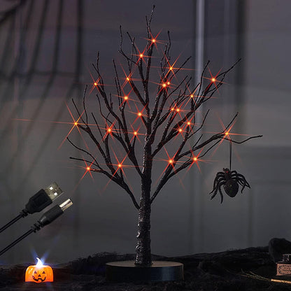 Fudios Black Halloween Tree with Lights 24 LED Orange with Timer, Lighted Tabletop Glittered Spooky