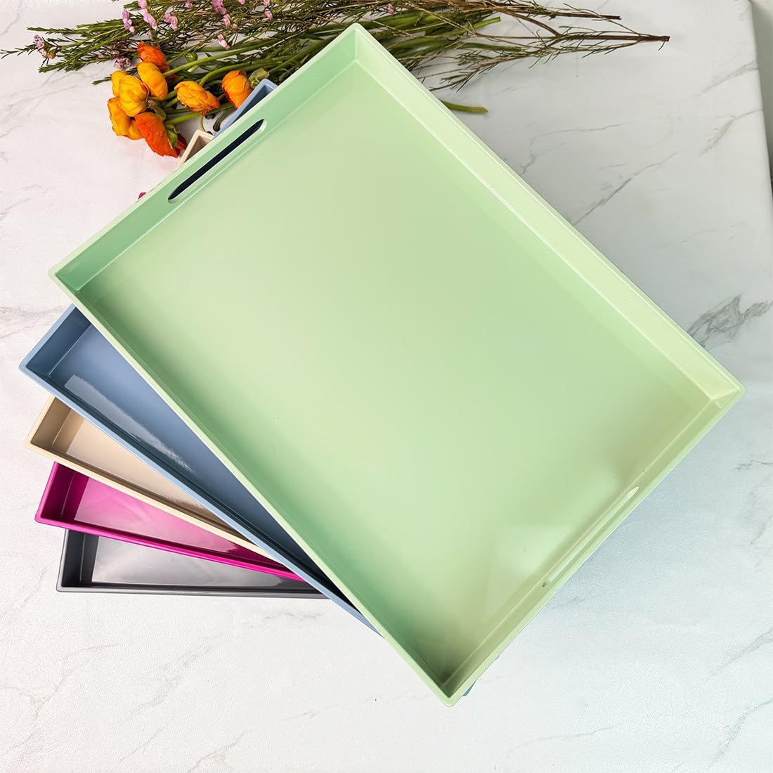 Turquoise Green Decorative Tray, Rectangular Large Serving Tray with Handles, Plastic Coffee Table