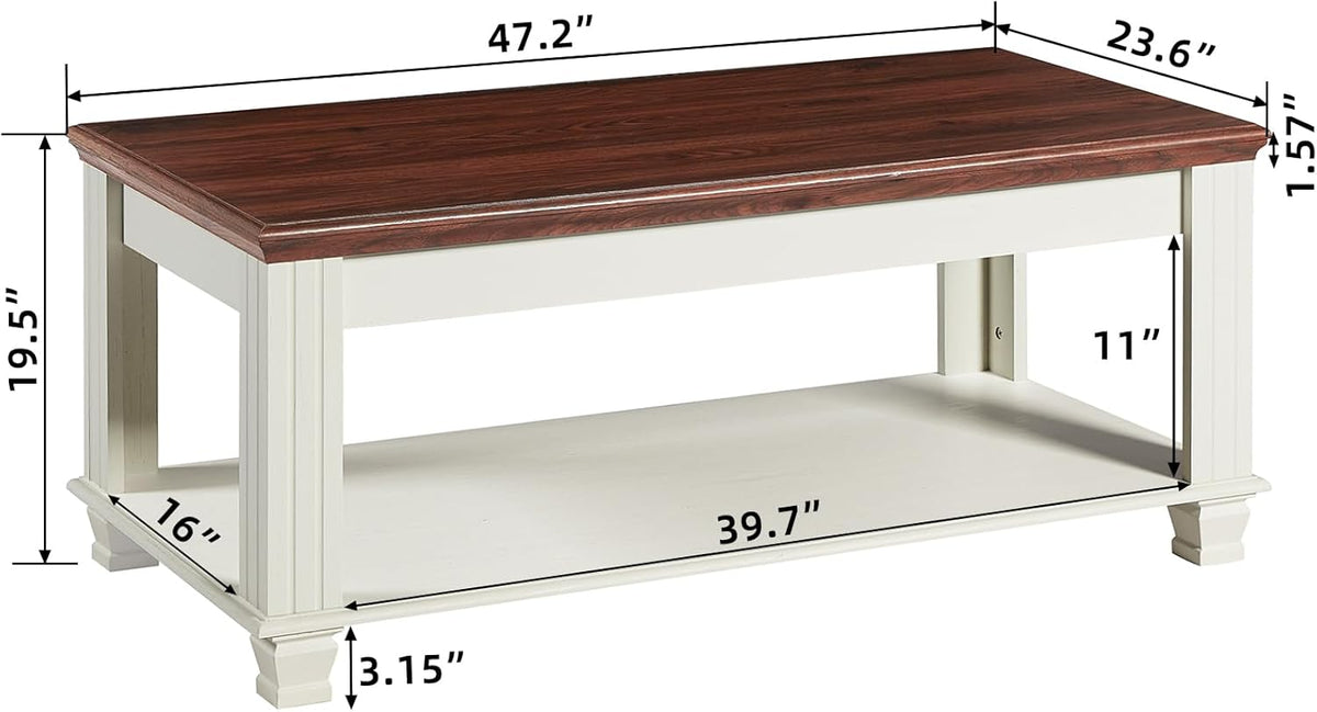 Farmhouse Coffee Tables for Living Room,Square Tea Table with Open Storage Shelf,Large Coffee