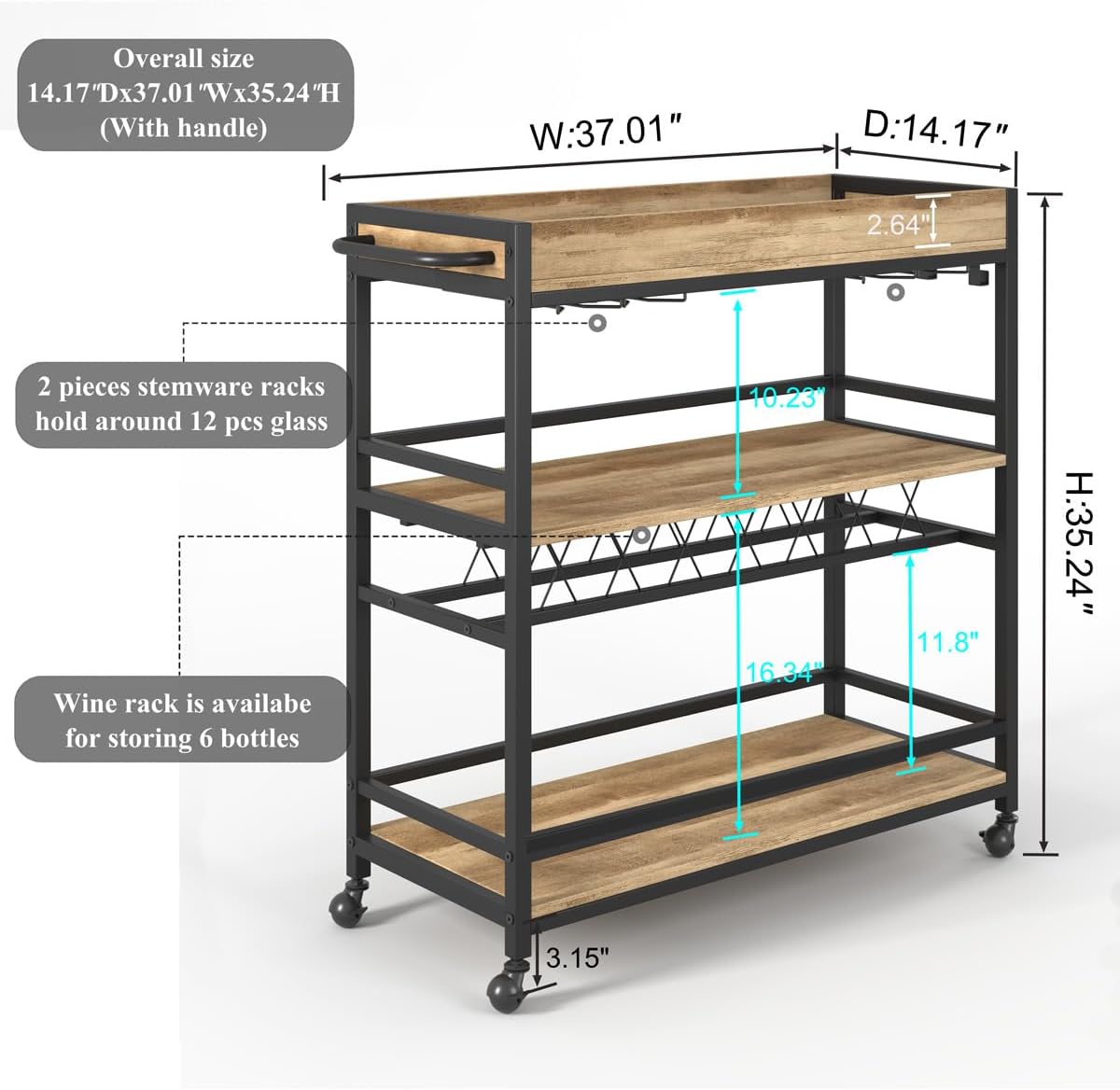 BON AUGURE Bar Cart for The Home, Bar Serving Carts on Wheels, 3 Tier Storage Drink Trolley