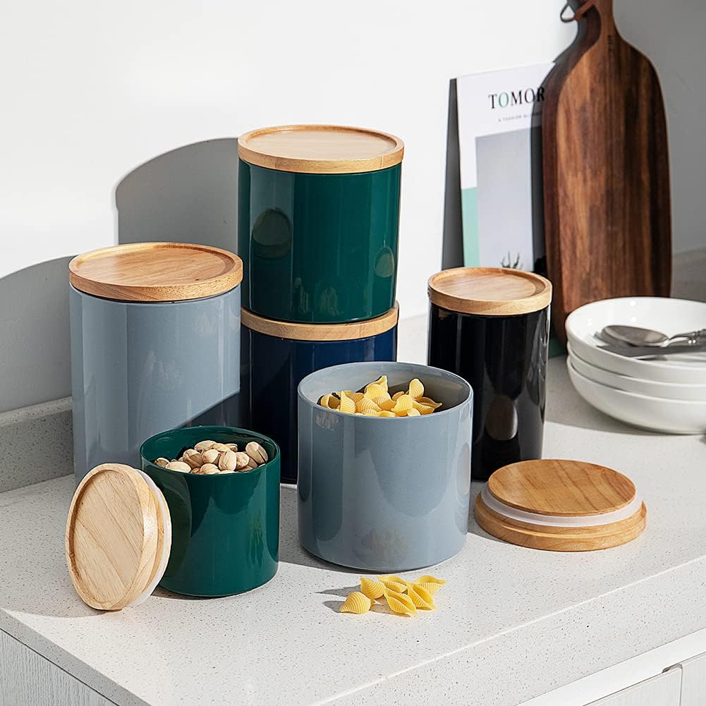 Sweejar Kitchen Canisters Ceramic Food Storage Jar, Stackable Containers with Airtight Seal Wooden