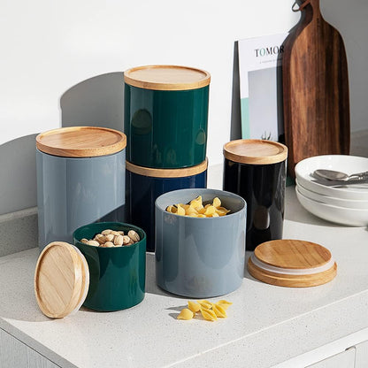 Sweejar Kitchen Canisters Ceramic Food Storage Jar, Stackable Containers with Airtight Seal Wooden