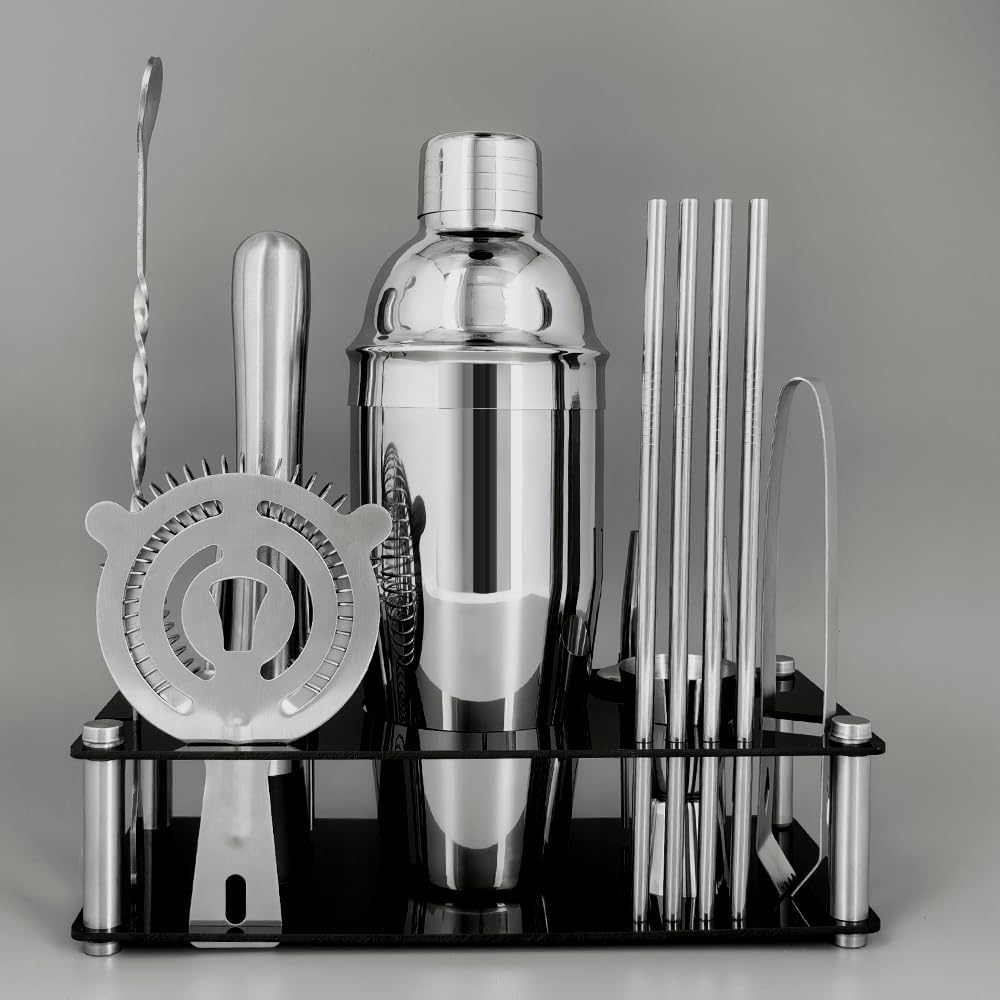 14-Piece Cocktail Shaker Set Bartender Kit with Black Stand, Bar Tool Set for Drink Mixing
