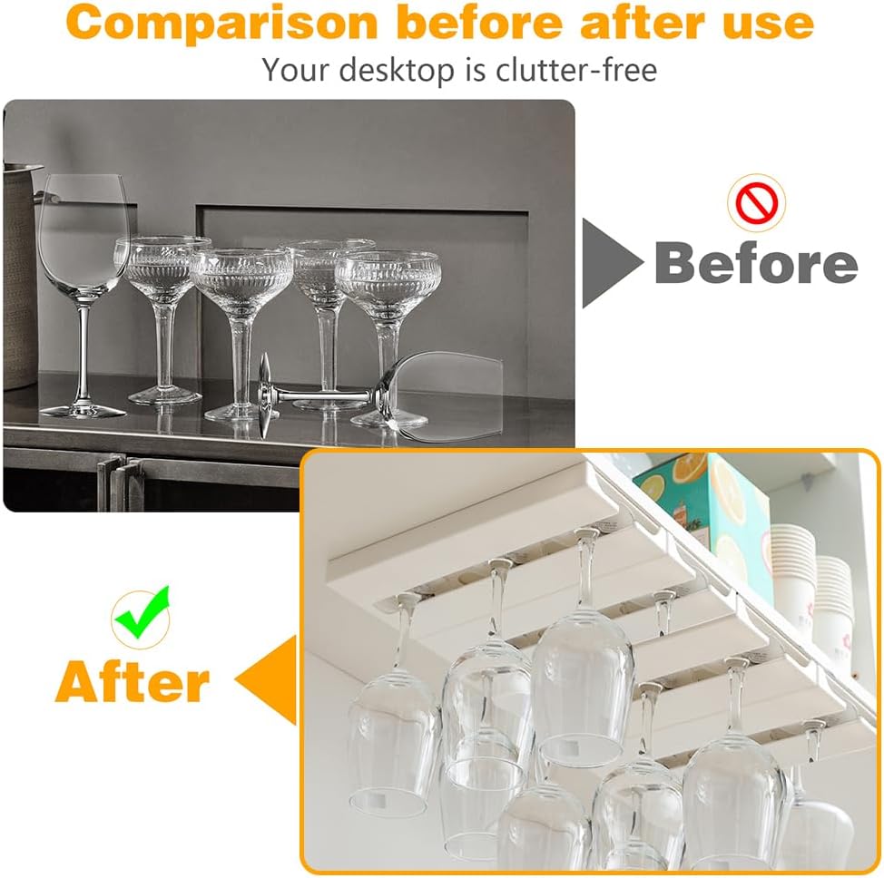 4 Pcs Wine Glass Holder Under Shelf or Cabinet Punch-free,Stemware Rack Glassware Drying Storage
