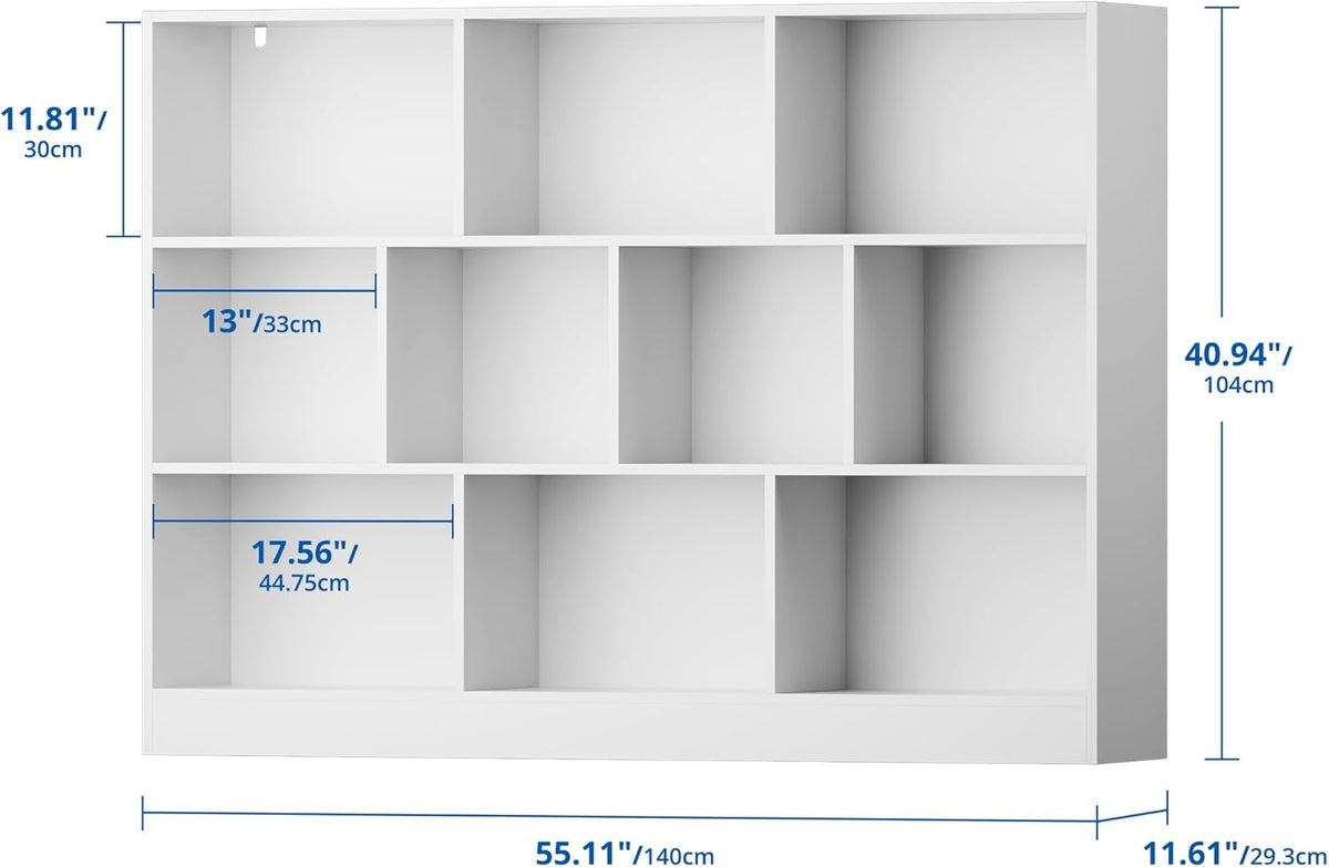 Cozy Castle White Bookshelf, 3-Tier Open Shelf Bookcase, 10 Cube Storage Organizer with Anti-Tilt