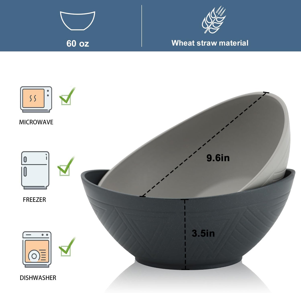 65oz Big Wheat Straw Bowls - Large Salad Bowls set of 6 - Unbreakable Serving Bowls - Microwave &