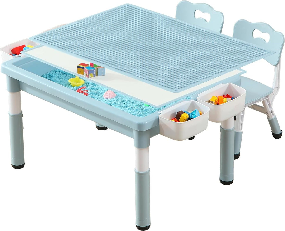 Multi Functional Kids Table and 2 Chairs Set, Graffiti & Building Blocks Double-Sided Tabletop