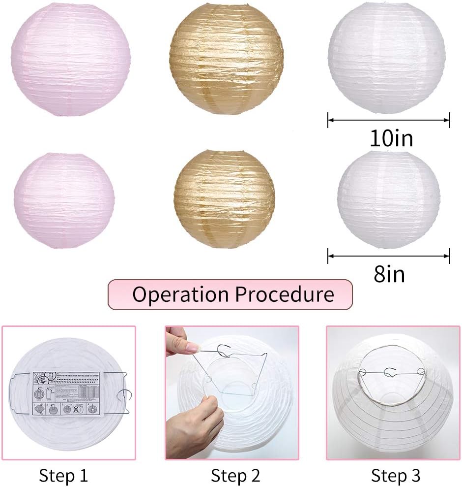Pink Gold Party Decorations, Pink Gold Paper Lanterns and Pom Poms Flowers for Birthday Party Baby