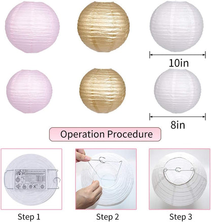 Pink Gold Party Decorations, Pink Gold Paper Lanterns and Pom Poms Flowers for Birthday Party Baby