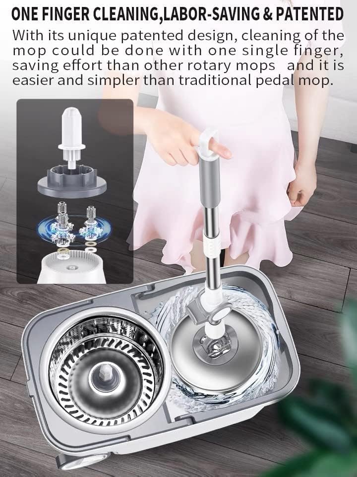 Spin Mop Bucket Deluxe 360 Spinning Floor Cleaning System with 6 Microfiber Replacement Head