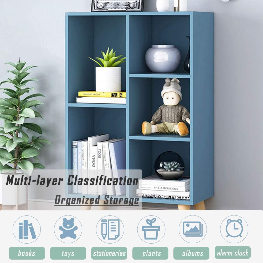 IOTXY Wooden Open Shelf Bookcase - 3-Tier Floor Standing Display Cabinet Rack with Legs, 5 Cubes
