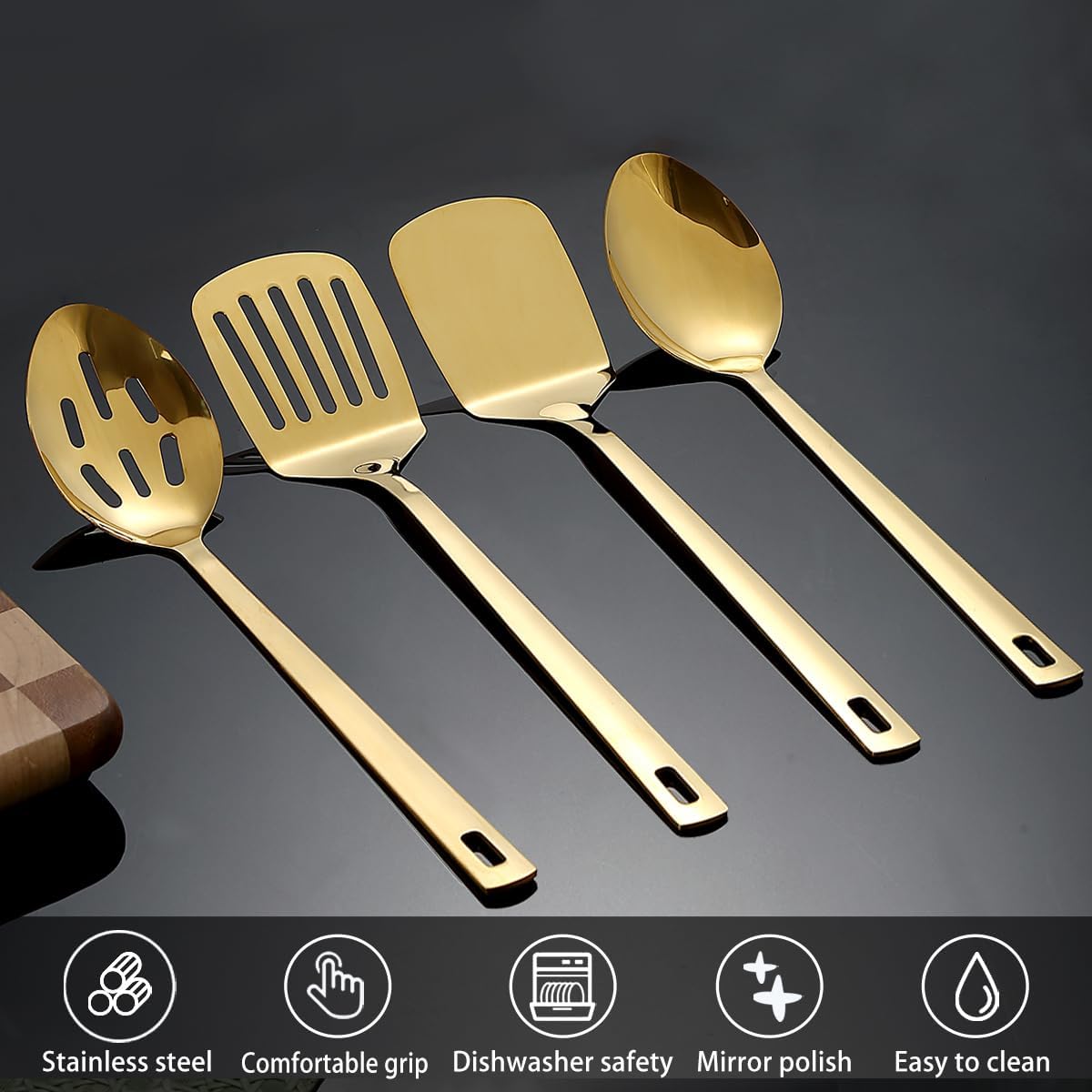 Homquen Gold Kitchen Utensils Set 4pcs, Titanium Gold Plating Stainless Steel Cooking Utensils Set