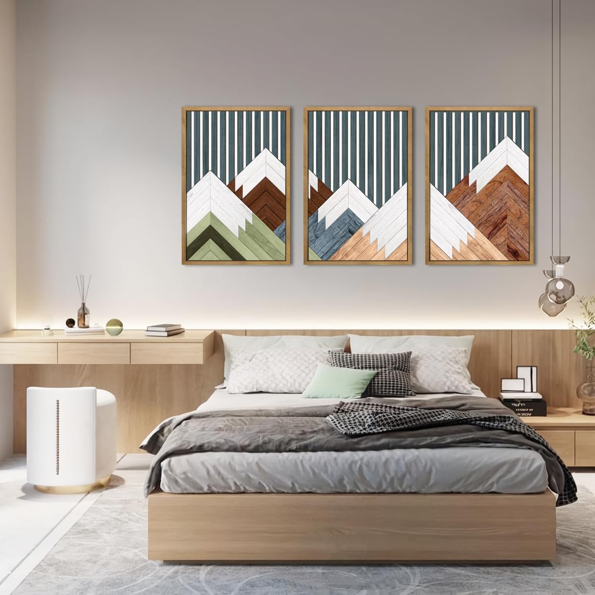 DRACIT Large Woodcut Mountain Wall Art Set Abstract Boho Forest Wood Wall Decor Nature Blue Art