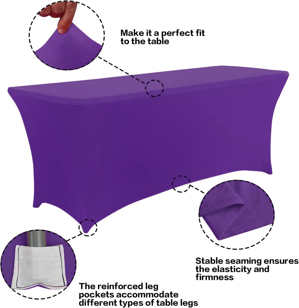 IVAPUPU 2 Pack 8FT Table Cloth for Rectangular Fitted Events Stretch Purple Table Covers Washable