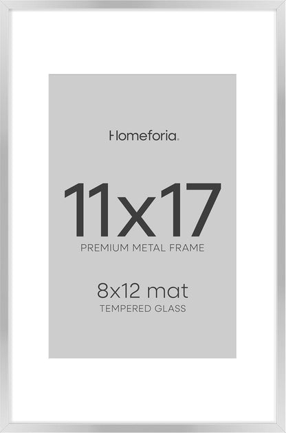 Homeforia 11 x 17 Frame Silver, High End Metal 11x17 Picture Frames with Mat 8x12 for Photo, 11 x