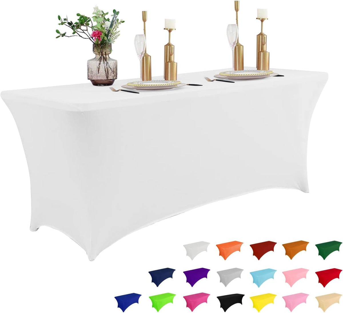 IVAPUPU 8FT Table Cloth for Rectangular Fitted Events Stretch White Table Covers Washable Spandex
