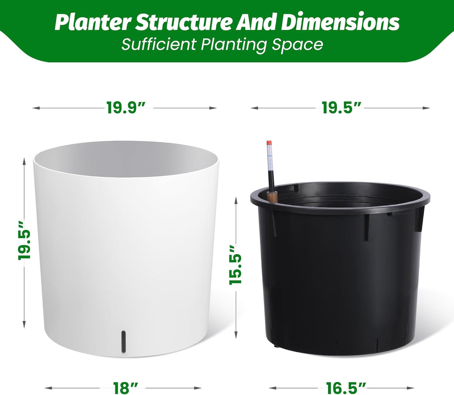Tall Round Planter Set of 2, 19.5‘’ H x 19.9" Dia Large Planters for Indoor Plants with Built-in