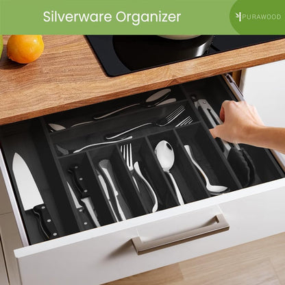Purawood Bamboo Drawer Organizer - Expandable Silverware Organizer & Utensil Organizer, Cutlery